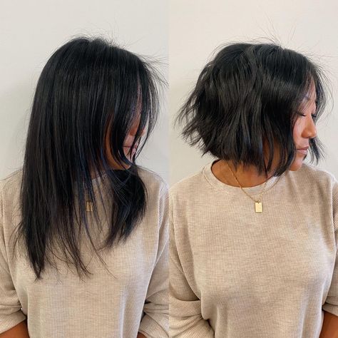 Asian Bob Shag Before and After Medium Shaggy Bob, Layered Choppy Bob, Bob Shag, Long Shaggy Bob, Asian Bob, Shaggy Bobs, Long Layers With Bangs, Short Shaggy Bob, Shaggy Bob Hairstyles