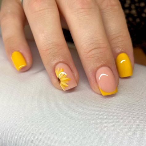 21 Simple Cute Sunflower Nails 7 Simple Sunflower Nails Art Designs, Gel Nails Sunflower, Sunflower Nails Ideas, Nail Sunflower Design, Nail Art Sunflower Design, Sunflower Accent Nails, Nail Ideas Sunflowers, Summer Nail Tips Ideas, Easy Sunflower Nail Art