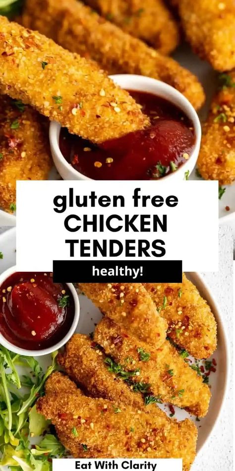 These gluten free air fryer chicken tenders are so easy to make, healthy and have oven baked instructions! These healthy chicken fingers are delicious with ketchup, barbecue or BBQ sauce, honey mustard and more. These air fryer chicken tenders are a healthy and easy dinner recipe. Keto And Gluten Free Dinner Recipes, Gluten Free Breaded Chicken, Gluten Free Chicken Fingers, Chicken Tenders Oven, Air Fryer Recipes Gluten Free, Gluten Free Chicken Tenders, Healthy Chicken Fingers, Homemade Chicken Fingers, Chicken Stripes