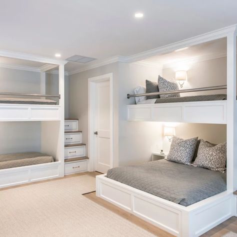 In Wall Bunk Beds - Photos & Ideas | Houzz Bunk Room Ideas, Sleepover Room, Bunk Bed Rooms, Bunk Beds Built In, Built In Bunks, Bunk Rooms, Cool Bunk Beds, Bunk Beds With Stairs, Bunk Bed Designs