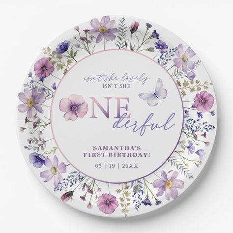 Purple Themed First Birthday Party, Violet Themed Birthday Party, Wildflower Birthday Party Decor, Wildflower 1st Birthday Party, Baby Girl 1st Birthday Ideas, Wild And Onederful, First Birthday Template, Wildflower Birthday Party, Baby First Birthday Themes