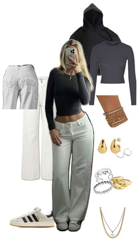 Campus 00s Outfit, Outfit Campus, Autumn Ootd, Campus Outfit, Jeans Beige, Grey Shirt, Shirt White, White Jeans, Ootd