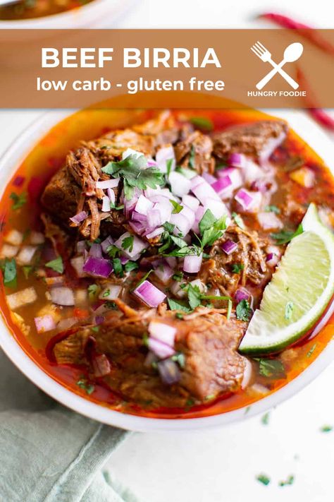 This homemade Beef Birria recipe has a rich, flavorful broth and is delicious, hearty Mexican stew. It is best served with some fresh cilantro, chopped red onions, and a squeeze of lime juice. Use the leftover meat to make beef birria quesatacos and dip them in the leftover consommé. Either way, your tastebuds are sure to be delighted. Beef Birria Recipe, Grilled Corn Salsa, Beef Recipes Keto, Beef Birria, Peace Love And Low Carb, Cilantro Lime Cauliflower Rice, Mexican Stew, Meals Low Carb, Barley Recipe