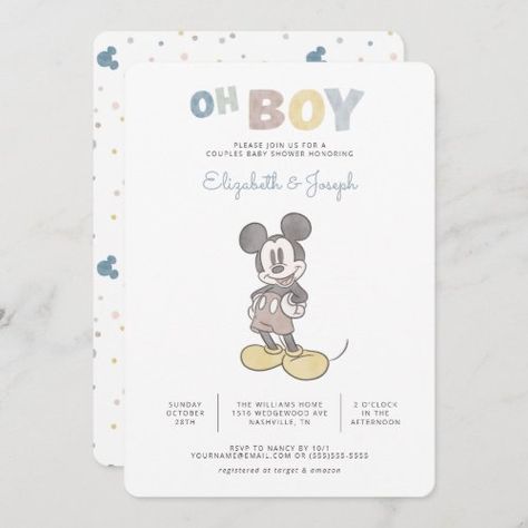 $3.32 | Oh Boy! Mickey Mouse Couple's Baby Shower | Baby Shower Invitations | baby shower, watercolor, disney, disney baby shower, mickey mouse, mickey mouse baby shower, mickey baby shower, boy baby shower, its a boy, couple's baby shower Disney Baby Shower Themes, Mickey Baby Showers, Mickey Mouse Baby Shower, Mickey Mouse Vintage, Couples Baby Shower Invitations, Disney Baby Shower, Couples Baby Showers, Baby Shower Invitaciones, Boy Baby Shower Themes