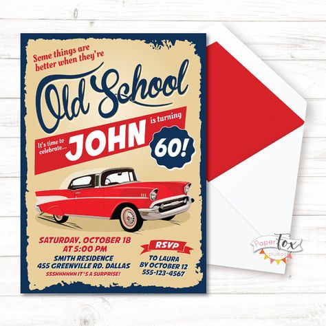 60th birthday invitation / 70th birthday by PaperFoxStudios Birthday Invitations For Men, Birthday Invitation For Men, Car Invitation, Cars Invitation, Car Birthday Party, 70th Birthday Invitations, 80th Birthday Invitations, 60th Birthday Invitations, Car Birthday