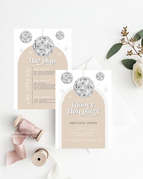 Disco Silver Party, Disco Hen Party, Ball Invitation, Disco Hen Do, Hen Themes, Last Disco Hen Party, Disco Design, Hen Party Itinerary, Disco Hens Party