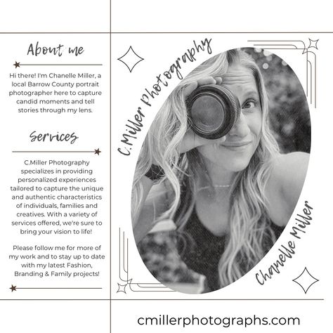 📸 Fashion, Branding & Family For those who don’t know me, my name is Chanelle Miller. I am the owner and photographer of C.Miller Photography. This ‘About Me’ flyer was originally made for an event donation but I figured I’d share it here too. Lately, I’ve been working on launching my monthly newsletter and getting more connected with my local community. I’m excited for the journey ahead and new opportunities! 👇🏻 Let’s connect! I’d love to meet YOU!! Website: cmillerphotographs.com Inst... Monthly Newsletter, Family Project, Love To Meet, Local Community, Photography Services, New Opportunities, Don T Know, About Me, My Name Is