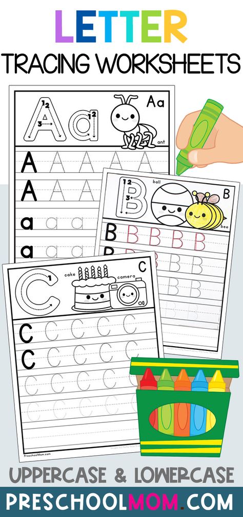 Free letter tracing worksheets for preschool, early elementary, and homeschool students! Practice letter formation and improve handwriting skills with these fun tracing pages! #letters #alphabet #tracingworksheets #preschoolprintables #traceandwrite #coloring #alphabettracing Prek Abc Worksheets, Free Letter Practice Printables, Letter A Tracing Worksheets For Preschool, Alphabet Letter Tracing Worksheets, A Tracing Worksheets Preschool, Uppercase Letter Worksheets For Preschool, Trace Abc Printable Worksheets, Alphabet Letter Writing Practice, Handwriting Strokes To Practice The Alphabet