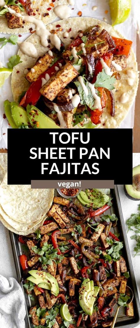 This vegan tofu sheet pan fajitas are easy to make, packed with flavor and filled with veggies like bell peppers. Serve these fajitas with mexican rice and black beans. These healthy fajitas are vegetarian and perfect for a family dinner. Vegan Sheet Pan Fajitas, Tofu Fajitas Recipes, Vegetarian Fajita Bowl, Vegetarian Fajitas Recipe, Fajita Recipe Vegetarian, Healthy Sheet Pan Dinners Vegetarian, Tofu Sheet Pan Dinner, Vegan Blackstone Recipes, Chickpea Fajitas