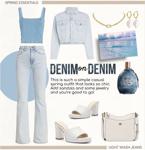 Spring essentials: light wash jeans. Spring outfit with jeans, denim top, denim jacket and sandals in light blue and white. #springoutfit #outfitidea #jeans Follow my shop @a_sunflower_1982 on the @shop.LTK app to shop this post and get my exclusive app-only content! #liketkit #LTKstyletip #LTKSeasonal #LTKFind @shop.ltk https://liketk.it/48HNk Light Blue Denim Outfit, Casual Light Blue Denim Bag, Trendy Light Blue Denim Tops, Fitted Light Blue Denim Top, Light Blue Wide Leg Denim Pants, Light Blue Jeans Outfit, Baby Blue Pants, White Jacket Outfit, Light Blue Jean Jacket