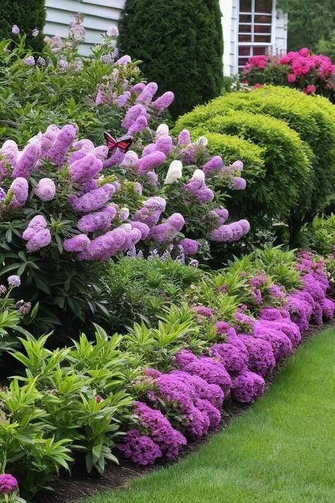 11 Best Flowering Shrubs For Front Of House Southern Home Landscaping Front Yards, Spirea Shrub, Butterfly Bush, Home Landscaping, Rose Bush, Flowering Shrubs, Southern Home, Pink Blossom, Front Of House