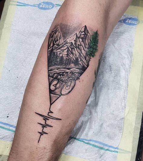 Mountain heartbeat with a bycle. Listen to the heartbeat. The mountains are calling me, and I must go. Heartbeat Tattoo Ideas, Ecg Tattoo, Heartbeat Tattoo With Name, Heartbeat Tattoos, Mountain Tattoo Ideas, Dirt Bike Tattoo, Heartbeat Tattoo Design, Mountain Bike Tattoo, Bike Tattoo