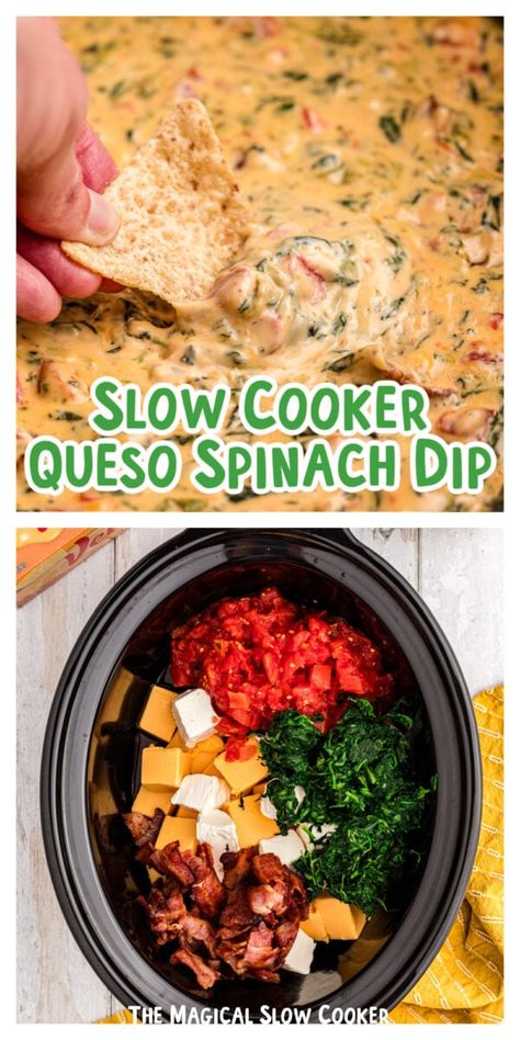 Spinach Dip Crock Pot Easy, Best Crockpot Dips, Queso Spinach Dip, Crockpot Dips For Parties, Quest Dip, Spinach Queso Dip, Dipping Recipes, Spinach Queso, Slow Cooker Queso