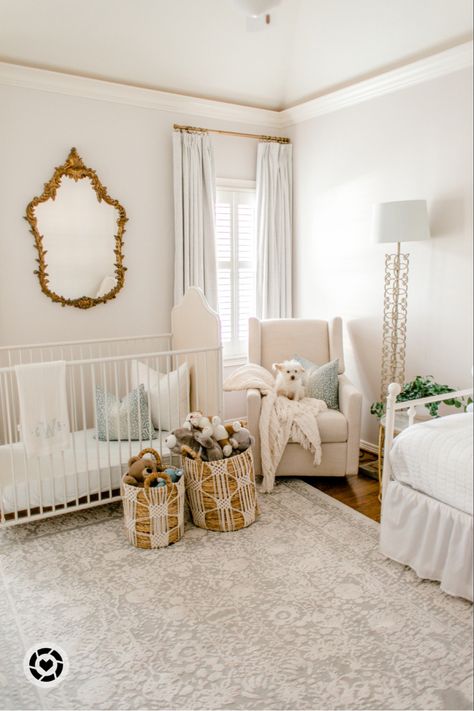 White Iron Crib Nursery, Daybed And Nursery Combo, Guest Room White Bedding, Rugs On Carpet Nursery, Nursery With Carpet And Rug, Nursery With Full Size Bed, White Metal Crib Nursery, Guest Bed Nursery Combo, Twin Bed In Nursery