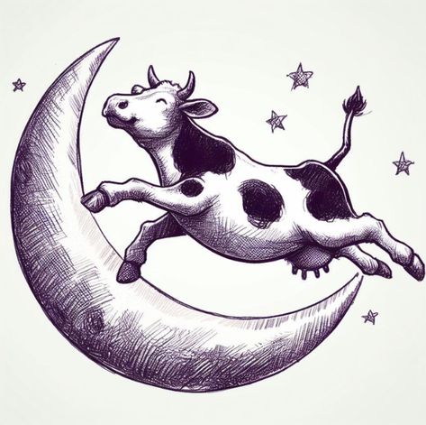 Cow And Moon, The Moon Tattoo, Cow Jumping, Cow Jumped Over The Moon, Moon Drawing, Moon Pictures, Good Night Moon, Over The Moon, Moon Tattoo