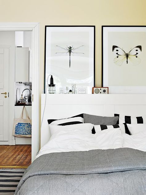 The main bedroom is painted in beige offering a softer atmosphere compared to the crisp white walls of the open-plan living area. Oversized insect prints bring a touch of nature inside. | Photo: Krista Keltanen | Story: Real Living Brimnes Headboard, Brimnes Bed, Kb Homes, Small Bedrooms, Headboard Decor, Gorgeous Bedrooms, New Home Builders, Main Bedroom, Dream Bedroom