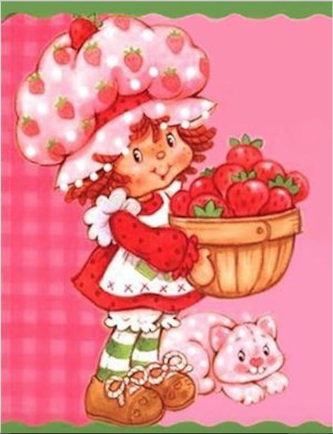 Strawberry Shortcake holding a basket of strawberries with her kitty cat, Custard Strawberry Shortcake Memorial Day, 1980s Strawberry Shortcake, Birthday Cake Illustration, Strawberry Shortcake Cartoon, 80 Cartoons, Short Cake, Strawberry Shortcake Characters, Cake Illustration, Strawberry Shortcake Doll