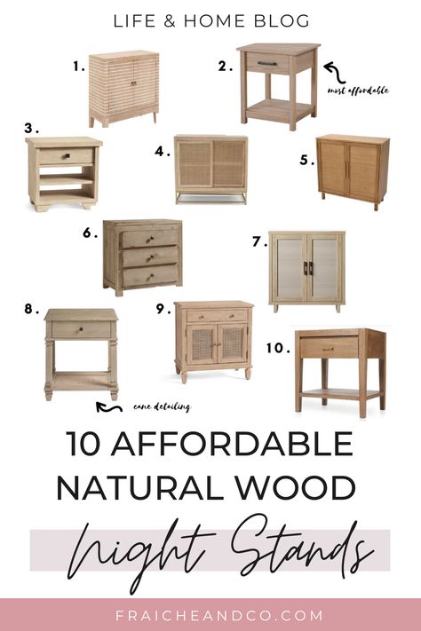 10 Natural Wood Nightstands for any style and budget! #naturalwood #naturalwoodfurniture #coastalinteriors #coastalfurniture #moderncoastal Natural Pine Nightstand, Light Colored Wood Bedroom Furniture, Light Wood Side Table Living Room, Oak Nightstand Bedrooms, Raw Wood Nightstand, Light Wood Nightstand Bedside Tables, Light Wood Nightstands, Light Wood Bedside Table, Wood Furniture Makeover