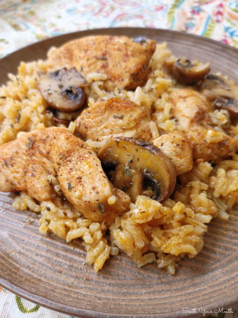 Chicken & Mushroom Rice! A quick and easy skillet meal with savory chicken and buttery mushrooms cooked with rice in one pan. Chicken And Brown Rice Casserole Recipes Cream Of Mushroom, Golden Mushroom Soup Recipes Chicken, Grilled Chicken And Mushrooms, Chicken Mushroom And Rice Recipes, Chicken And Rice Skillet Recipes, Chicken Mushrooms And Rice, Chicken And Rice Recipes Easy, Chicken And Mushroom Rice, Mushroom Dinner Recipes