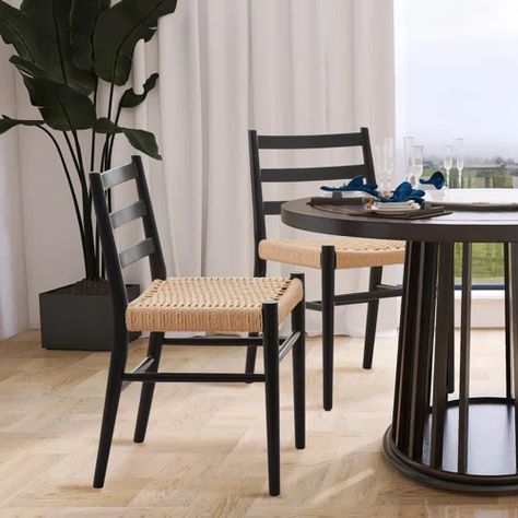 Birch Lane™ Windhaven Dining Chair - Black/black Woven Seat | Wayfair Dining Chair Wood, Rattan Bar, Rattan Bar Stools, Chair Wood, Mid Century Dining Chairs, Solid Wood Dining Chairs, Mid Century Dining, Upholstered Side Chair, South Shore