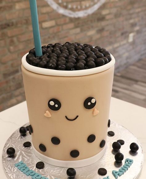 Sculpted Boba Tea Birthday Cake / Custom Birthday Cake Cake Ideas 12 Birthday, Boba Tea Cookies, Bobba Tea Cake, Boba Theme Cake, Cool Cake Ideas Birthdays, 11 Bday Cake, Boba Macaron, Boba Tea Cake Ideas, Bubble Tea Cake Design