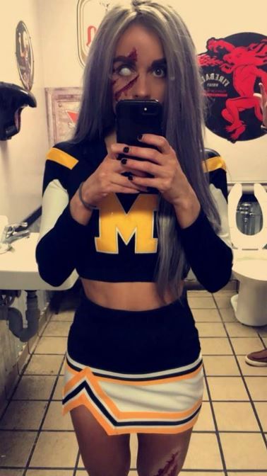 Scary Cheerleader Makeup, Zombie Cheerleader Costume Makeup, Evil Cheerleader Costume, Diy Zombie Cheerleader Costume, Scary Cheerleader Costume, Dead Cheerleader Costume, Spooky Cheerleader Costume, Diy Cheerleader Costume, Zombie Cheerleader Halloween Costume