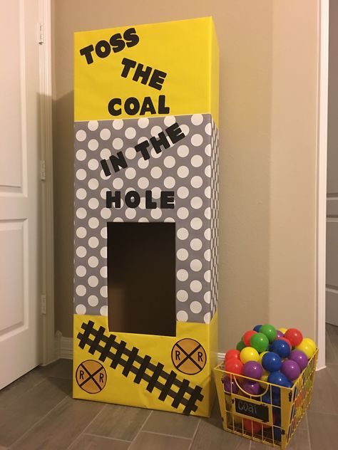 Train Birthday Party Game: Toss the Coal in the Hole! Train Birthday Theme, Thomas Train Birthday, Train Theme Birthday Party, Thomas Birthday Parties, Thomas The Train Birthday Party, Thomas The Train Party, Train Birthday Party, Birthday Party Game, Thomas Birthday