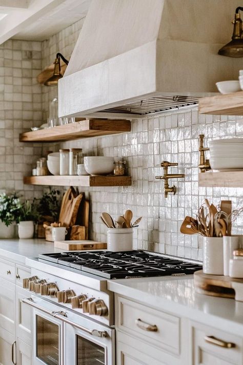 Close-up of a rustic farmhouse kitchen showcasing square Zellige tiles in earthy tones. Square Zellige Tile, Farmhouse Tile Backsplash, Kitchen Deisgn, Modern Farmhouse Tile, Modern Farmhouse Kitchen Backsplash, Farmhouse Kitchen Backsplash Ideas, Kitchen Backsplash Inspiration, Tile Styles, Coastal Farmhouse Kitchen