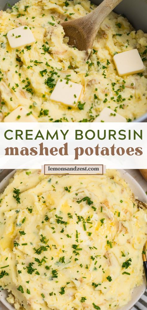 These thick and creamy Boursin Mashed Potatoes are everything you love about mashed potatoes with the delicious flavor of Boursin Cheese. An easy dish to prepare and ready in just 30 minutes, this recipe is going to be a favorite side to everything from weeknight dinners to holiday spreads! Mashed Potatoes Boursin Cheese, Gruyere Mac And Cheese, Boursin Mashed Potatoes, Green Beans Roasted, Breakfast Peanut Butter, Parmesan Mashed Potatoes, Parmesan Crusted Potatoes, Simple Treats, Cheese Mashed Potatoes