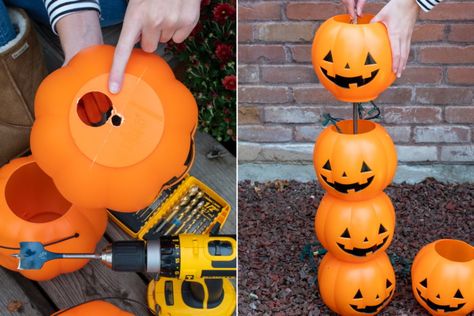 Make a light up Halloween pumpkin totem from plastic trick-or-treat pumpkin pails and a witches had. Easy Diy Halloween Crafts, Cheap Diy Halloween, Cheap Halloween Diy, Diy Halloween Crafts, Craft Pumpkins, Dekorasi Halloween, Halloween Lights Decorations, Pumpkin Pail, Lights Decorations