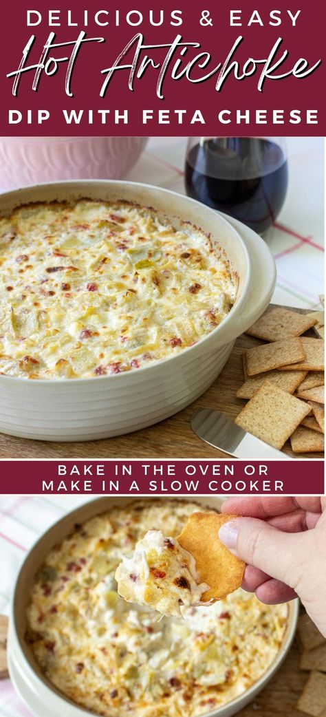 A flavorful, tangy hot artichoke dip (minus the spinach). This version is made with marinated artichoke hearts, feta cheese and pimento peppers. Marinated Artichokes, Hot Artichoke Dip, Baked Artichoke, Feta Cheese Recipes, Artichoke Dip Recipe, Homemade Tortilla Chips, Wheat Thins, Cheese Baked, Feta Recipes