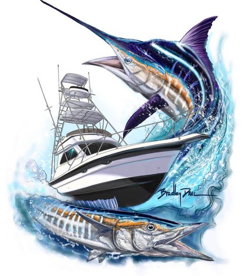 Fishing Boat Tattoo, Marlin Tattoo, Guy Harvey Art, Blue Marlin Fish, Boat Tattoo, Marlin Fishing, Sport Fishing Boats, Crab Art, Boat Drawing