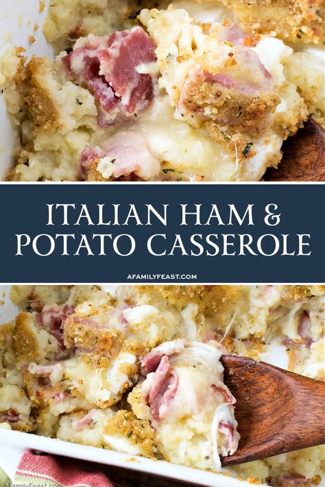 Italian Ham and Potato Casserole - A Family Feast® Fry Potatoes, Family Feast Recipes, Ham Dinner Recipes, Italian Ham, Buttered Bread, Ham And Potato Casserole, Crumb Crust, Italian Potatoes, Ham Dinner