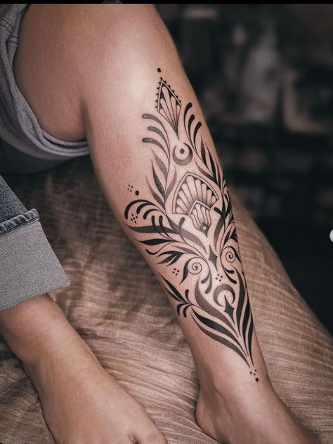 Ornamental Leg Sleeve Tattoo, Shin Tattoos For Women Mandala, Ornamental Shin Tattoo, Around Knee Tattoo, Tattoo Baddie, Tattoo Bein Frau, Berber Tattoo, Tattoo Perna, Shin Tattoo