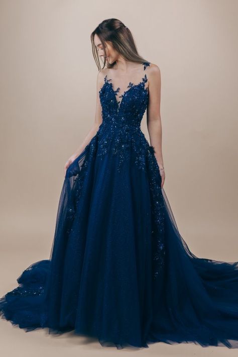 Prom Fit And Flare Dress Long, Fairytale Like Prom Dresses, Matriek Dance Dresses, Saphire Blue Prom Dresses, Hall Gown Prom Dress, Masquerade Prom Dress Blue, Dust Blue Dress, Navy Blue Dresses Prom, Garden Themed Prom Dresses