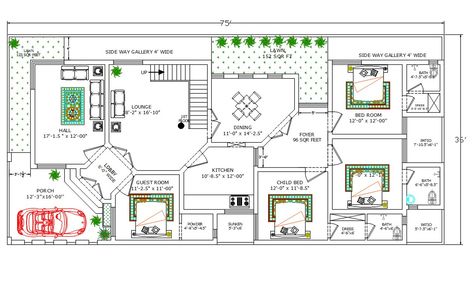 36X75 feet architecture house ground floor plan with furniture layout AutoCAD drawing includes 4 bedrooms with an attached toilet including guest room, 17'X12' hall, wide lounge, dining area, modular kitchen, 69 sq ft foyer, garden lawn, and 12X16 feet car parking porch area. download 2700 square feet house furniture layout plan drawing DWG file. Floor Plan With Furniture, Furniture Layout Plan, Furniture Drawing, Double Storey House Plans, Cottage House Designs, House Plans South Africa, Single Floor House Design, Beautiful Bedroom Colors, Modern Bungalow House Design