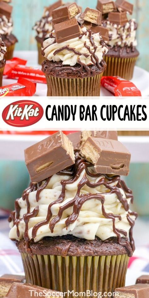 Chocolate Bar Cupcakes, Candy Cupcakes Ideas, Chocolate Candy Cupcakes, M&m Cupcakes, Chocolate Bar Cupcake Ideas, Candy Bar Cupcakes Ideas, Cupcakes With Candy On Top, Kitkat Cupcakes, Kit Kat Cakes