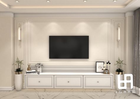 Tv Wall Design Classic Luxury, Tv Unit Decor Classic, Tv Wall Molding Living Room, Tv Molding Wall, White Tv Console Living Room Modern, Neo Classic Tv Wall Design Bedroom, Neo Classical Tv Unit Design, Tv Unit Design Classic, Tv Unit Molding Design