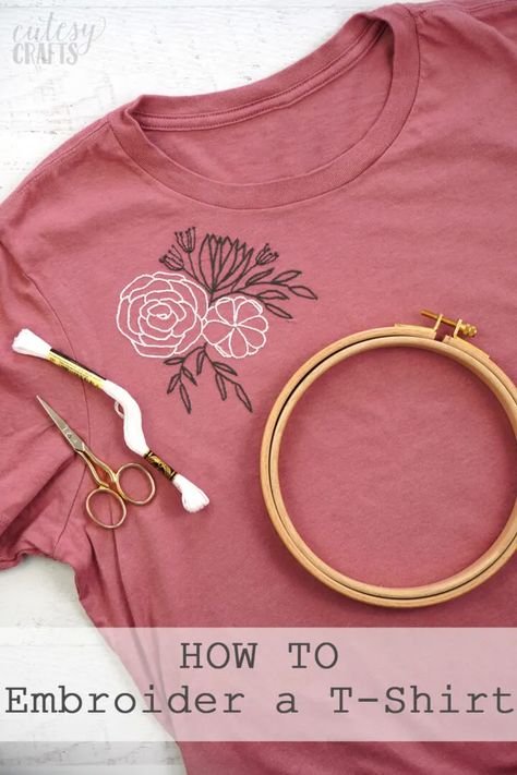 How to Embroider a T-Shirt by Hand - Cutesy Crafts Embroidery Stitches Beginner, Clothes Embroidery Diy, Embroidery Tshirt, Embroidery Stitches Tutorial, Hand Embroidery Projects, Embroidery Gifts, Embroidery On Clothes, Embroidery Patterns Free, Simple Embroidery