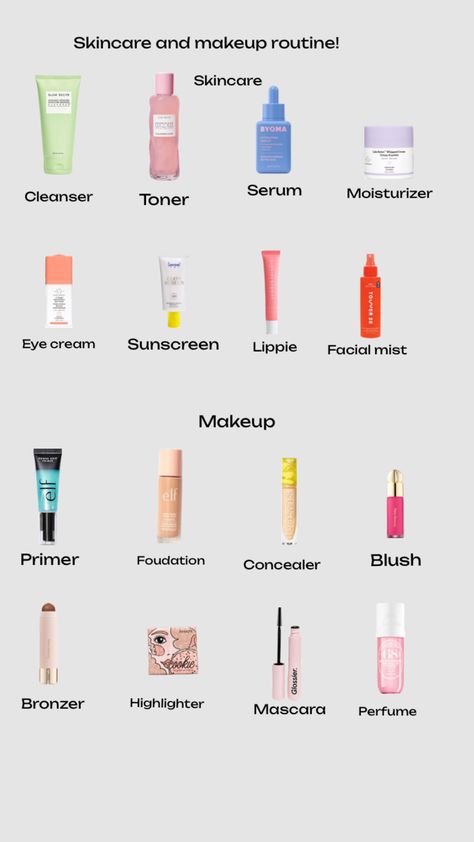 Skincare and makeup routine Skincare And Makeup Steps, Full Skincare Routine Steps, Skin Care Makeup Routine, Skincare Routine For 13 Yrs Old, Skincare Routine Before Makeup, Skincare Makeup Routine, Pre Makeup Skincare Routine, Skin Care And Makeup Routine, Skin Care Routine Before Makeup