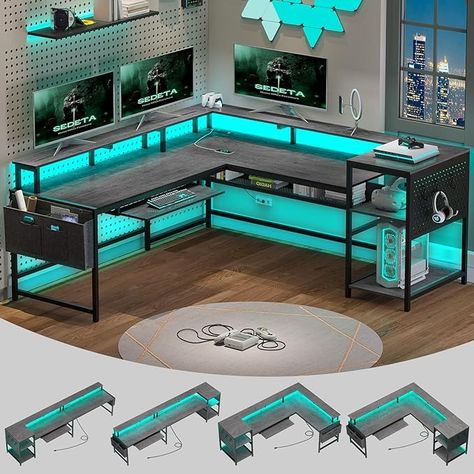 Amazon.com: SEDETA L Shaped Gaming Desk, Convertible 96" Home Office Desk or Corner Desk, L Shaped Desk with Power Outlets & LED Strip, Monitor Stand, Keyboard Tray, Pegboard and Storage Shelves, Grey : Home & Kitchen Gaming Desk L, L Shaped Desk Gaming, U Shaped Gaming Desk, L Shaped Gaming Desk, L Shaped Desk Room & Board Modern Furniture, House Shopping, Grey Home, Shape Games, Keyboard Tray