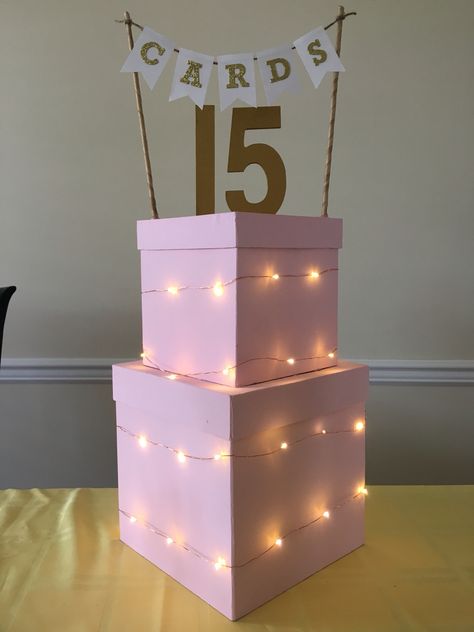 Pink and gold fairy light card money box Money Box Ideas Quinceanera Diy, Party Money Box Ideas, Sweet 16 Card Box Ideas Diy, Sweet 16 Card Box Ideas, Money Box Quinceanera, Birthday Money Box Ideas, Money Box Ideas, Quinceanera Cinderella, Quince Gifts