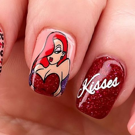 Jamee Heflin Polished Panda on Instagram: "I have been chomping at the bit to start doing Valentine’s Day nails and the time has finally come!! I love how this first mani came out! I decided to do a kisses/xoxo theme and after going through all of my plates and images I decided to go with Rodger and Jessica Rabbit as my inspo. I loved the movie Who Framed Rodger Rabbit growing up and I thought their relationship was so unique and cute. Plus, I just got these @laloarroyo_nails plates with my most recent @mundodeunas order and I am so glad I did!! These plates just happened to have the most perfect images on it and they pick up and transfer like a dream!! If you haven’t tried them yet and are interested, this is your sign to stop waiting! You won’t regret it!! lol Challenges: 💋 February 3- Jessica Rabbit Nails, Waiting You, Cartoon Nails, Perfect Images, Stop Waiting, Jessica Rabbit, Nail Plate, February 3, Perfect Image