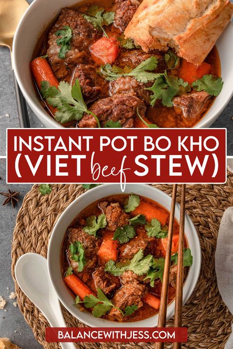 Making Bo Kho, or Vietnamese Beef Stew, in the Instant Pot couldn't be any easier! Sweet and savory beef, onion, and carrots are cooked in a fragrant lemongrass, coconut, and soy broth. Serve it with noodles, rice, or a baguette. This healthy soup is perfect for meal prep or parties! Dairy free, one pot. Crock Pot Vietnamese Recipes, Beef Broth Recipes Instant Pot, Instapot Vietnamese Recipes, Korean Beef Stew Instant Pot, Bo Kho Instant Pot Recipe, Instant Pot Galbi Jjim, Vietnamese Beef Stew Instant Pot, Stew And Soup Recipes, Asian Stew Meat Recipes