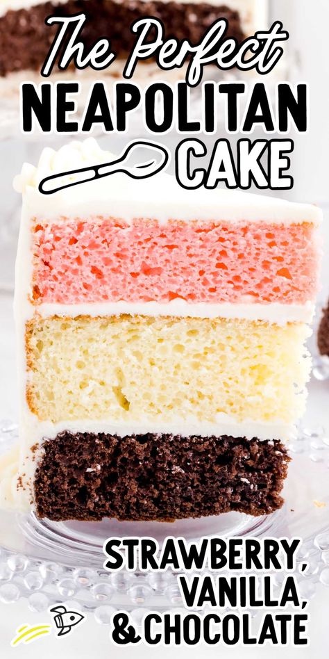 Neapolitan Cake Neopolitan Crunch Cake, Neopolitan Cake Recipes, Neapolitan Cake Recipe, Strawberry And Vanilla Cake, Cake Receipt, Neopolitan Cake, Birthday Cake Messages, Impressive Cakes, Enjoyable Activities