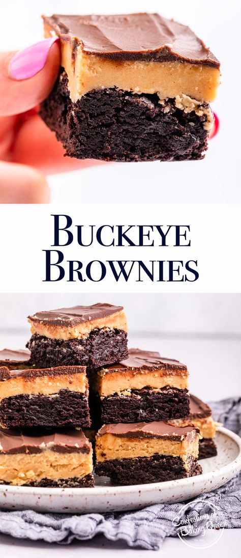 Do you love chocolate and peanut butter? These buckeye brownies are for you. They are made up of a rich, fudgy brownie topped with an even richer peanut butter mixture and a smooth chocolate ganache. Peanut Butter Truffle Brownies, Magnolia Peanut Butter Brownies, Joanna Gaines Lucy’s Peanut Butter Brownies, Add Peanut Butter To Boxed Brownies, Peanut Butter Brownie Bars, Dressed Up Brownies, Amazing Brownie Recipes, Unique Brownies Ideas, Kitchen Sink Brownies