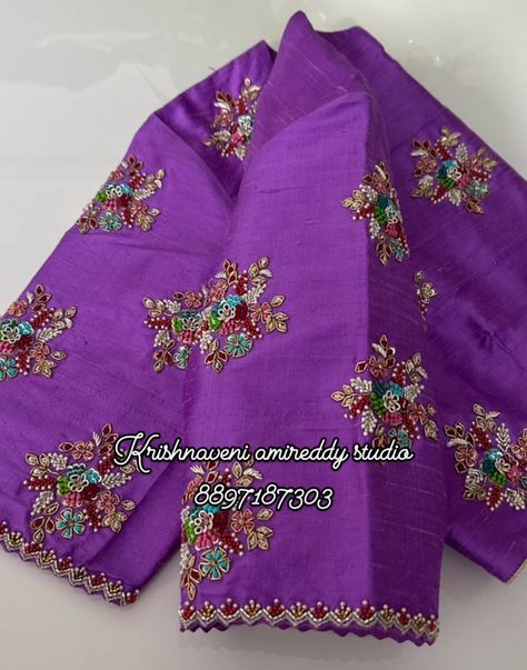 Kundan Maggam Work Designs, Half Sleeve Blouse Designs, Brocade Blouse Designs, Pink Blouse Designs, Blue Blouse Designs, Latest Bridal Blouse Designs, Boat Neck Blouse Design, Aari Designs, Aari Blouse