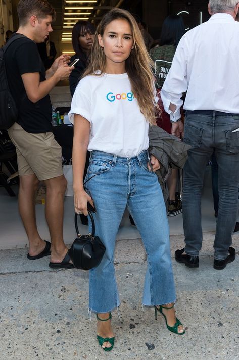 Evangelie Smyrniotaki Wore a Les Coyotes De Paris Jumper With a Leather Skirt | Clothes With Logos at Fashion Week Sept. 2016 | POPSUGAR Fashion Photo 3 Green Heels Outfit, Miroslava Duma Style, Mira Duma, Slay Outfits, Miroslava Duma, Denim Outfits, Heels Outfits, Green Heels, Style Star