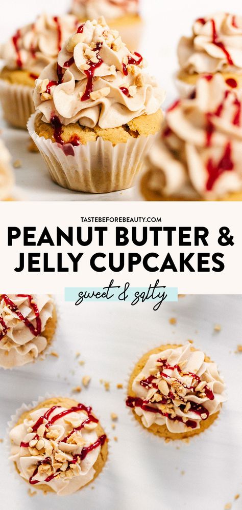 Crazy Cupcakes Ideas, Peanut Butter Jelly Cake Recipe, Cupcake Combinations Ideas, Cupcake Recipes Flavor, Filled Yellow Cupcakes, Cupcake Recipes For Birthday, Peanut Butter And Jelly Cupcakes Easy, Nutter Butter Cupcakes, Pb And J Cupcakes