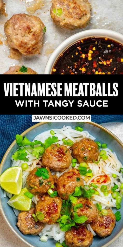 This quick and easy Vietnamese Meatball recipe combines aromatic tender baked meatballs with a tangy Vietnamese-inspired no-cook sauce, for a quick and easy dinner you can have on the table in under 30 minutes start to finish! Vietnamese Meatballs Recipe, Vietnamese Pork Meatballs, Asian Style Meatballs, Vietnamese Meatballs, Easy Vietnamese Recipes, Vietnamese Style, Vietnamese Pork, Baked Meatballs, Pork Meatballs